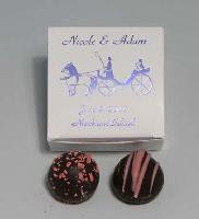 Old World Truffles | 2-piece box - A round delicate outer chocolate shell is filled with a rich dark chocolate ganache and flavored with the purest of ingredients to create a distinctive and memorable taste sensation.  Each piece is beautifully decorated.  Price includes printing of box with a minimum quantity of 50 boxes.  Packed in a two-piece box.